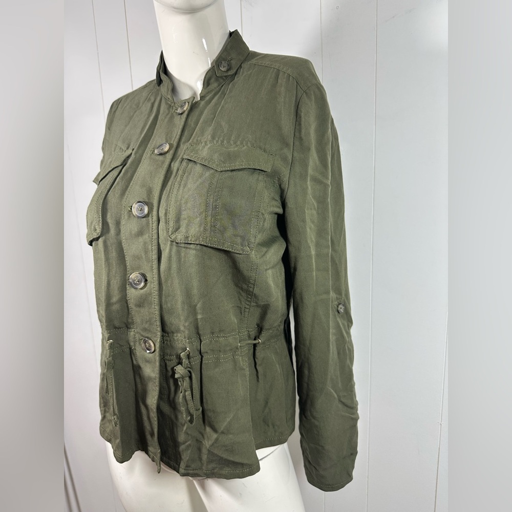 White House Black Market Sz 6 Utility Jacket Shirt Army Green Roll Tab Sleeves - Picture 3 of 13